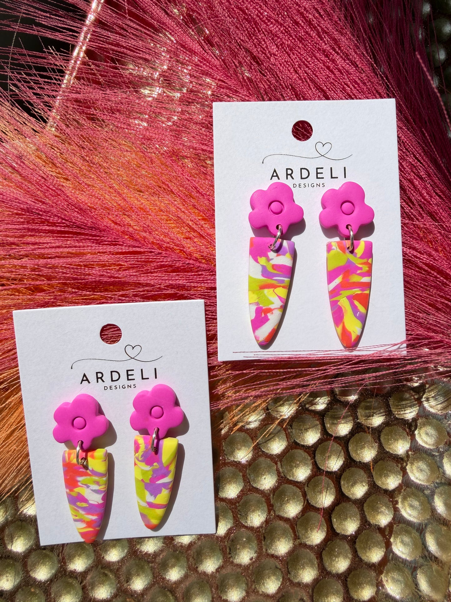 “Feeling Groovy” Flower Power 1 Hot Pink w/Multi Color Slim Dagger Earrings