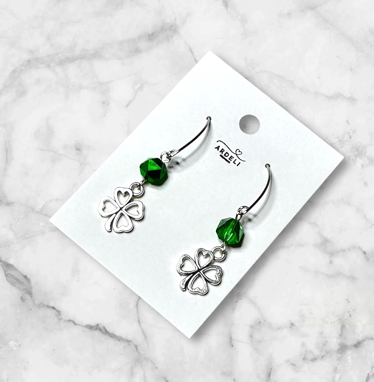 “Lucky Charms” SP4LC224 Silver Plated Marquise Hook Green Glass Beaded 4 Leaf Clover Earrings