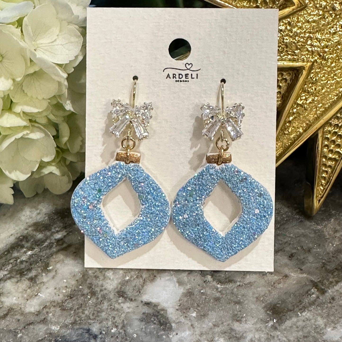 “Betty” Blue Sparkle Polymer Clay 18K Gold Plated CZ Hook Dangle Earrings