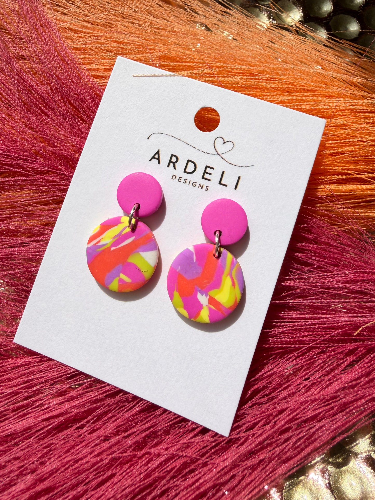 “Feeling Groovy” Multi Color Round w/Hot Pink Round Post Earrings