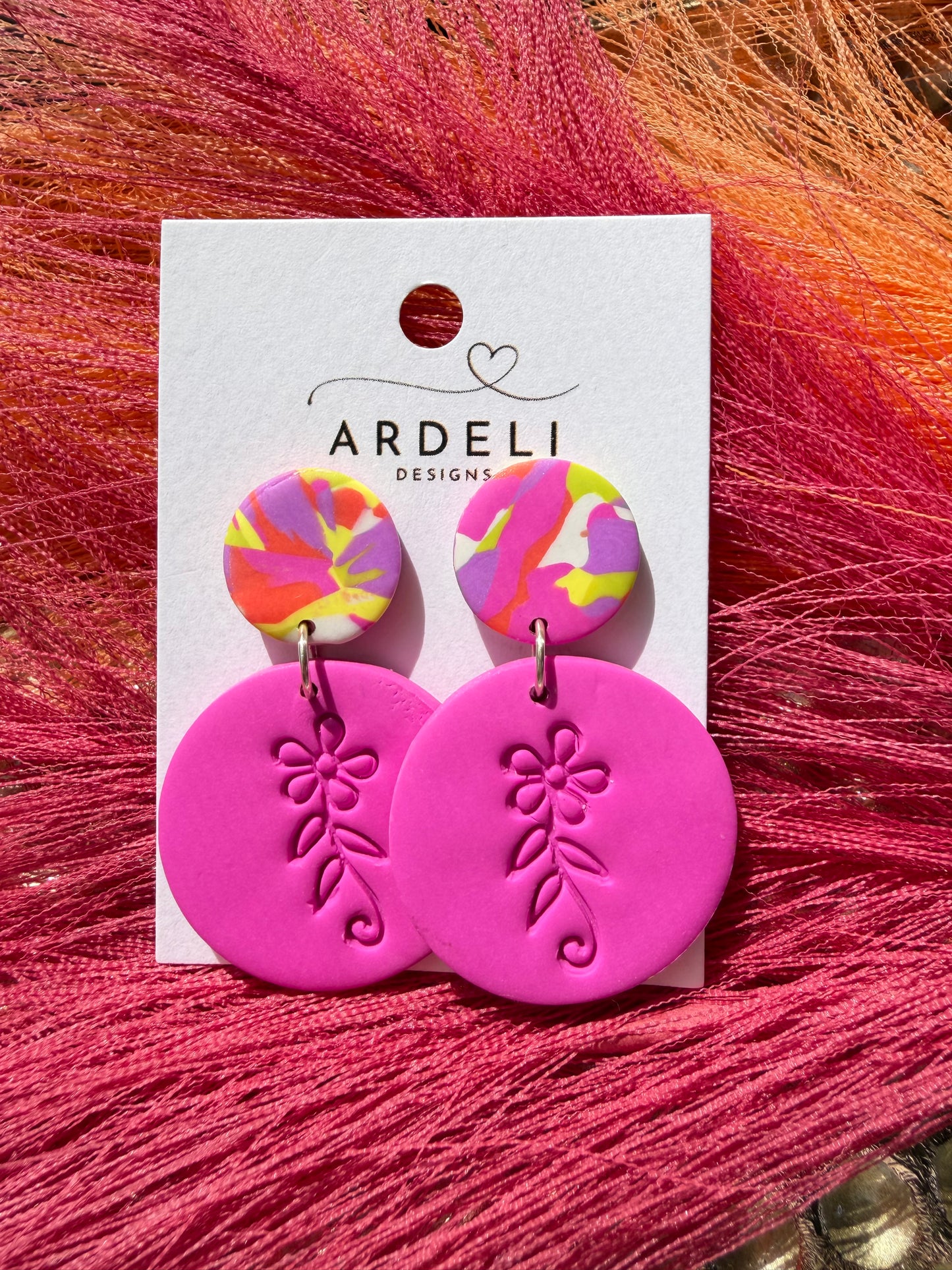 “Feeling Groovy” Flower Power Hot Pink Multi Color Round Post Earrings