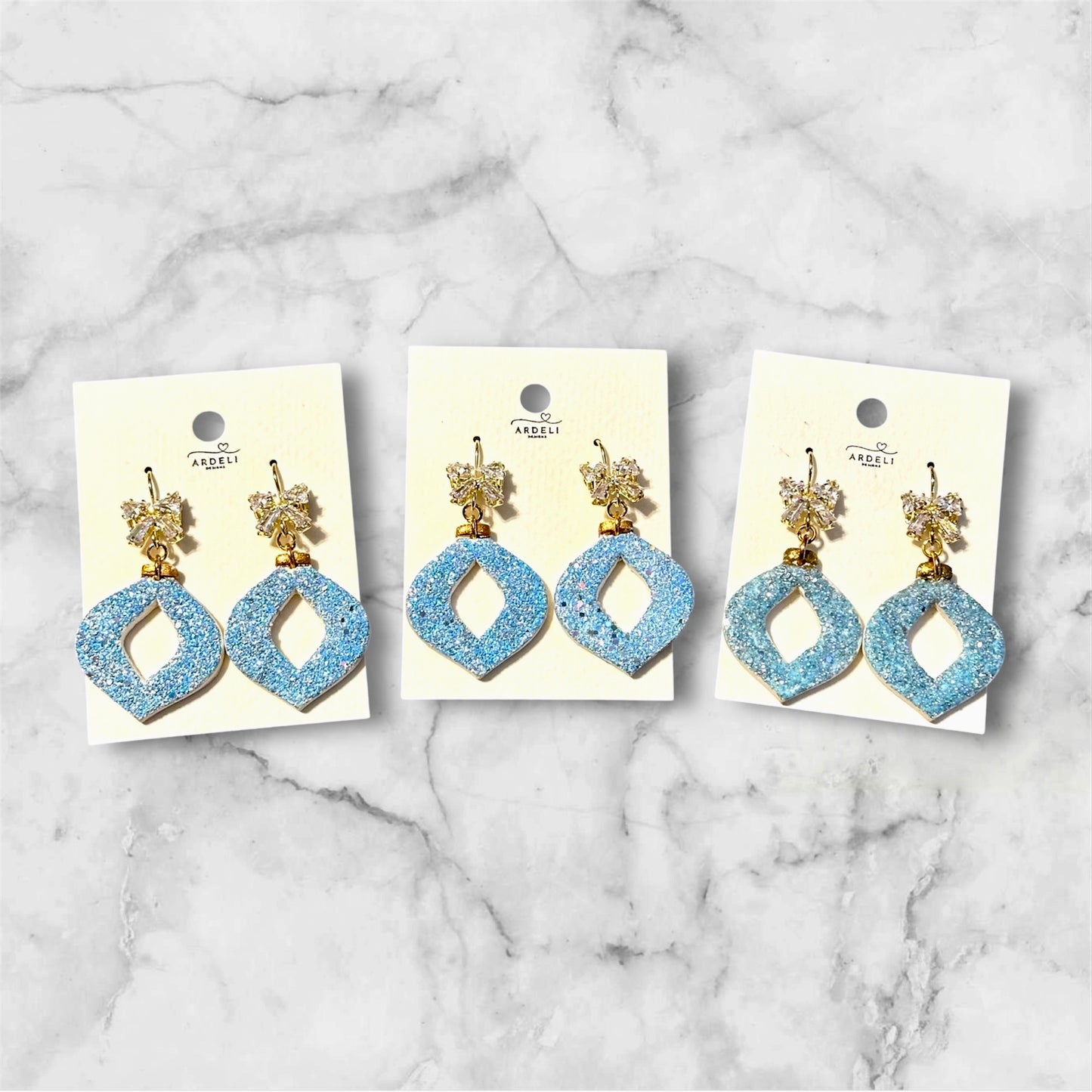 “Betty” Blue Sparkle Polymer Clay 18K Gold Plated CZ Hook Dangle Earrings