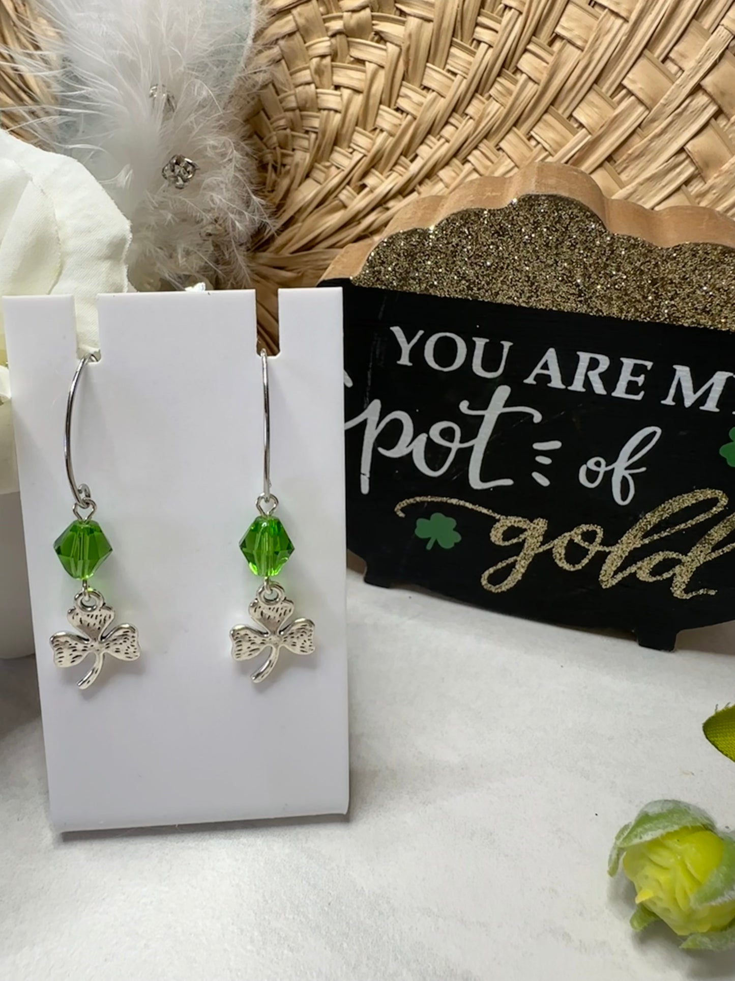 “Lucky Charms” SP3LC224 Silver Plated Marquise Hook Shamrock Green Bicone Crystal Silver 3 Leaf Clover Earrings