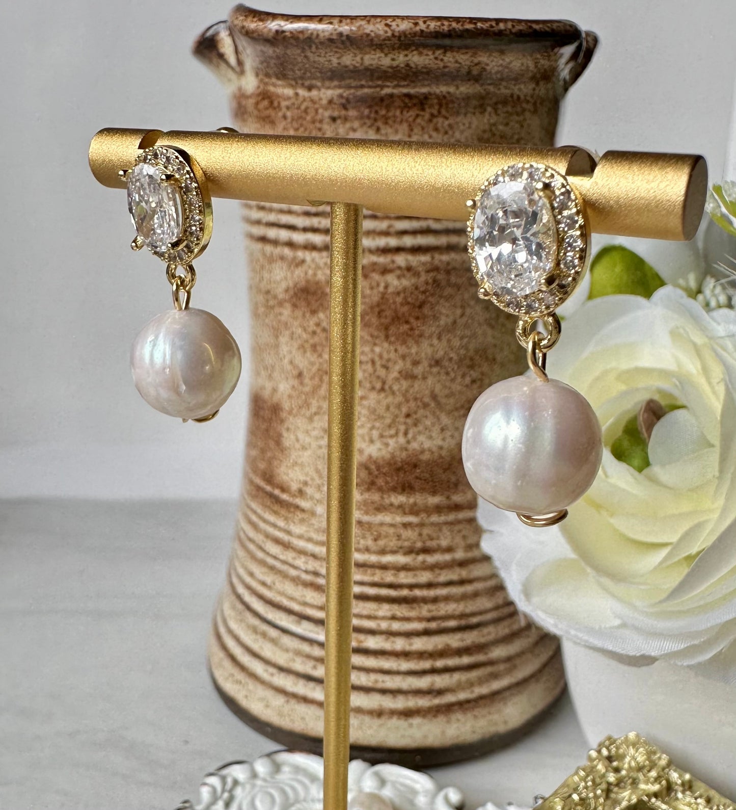 “Lorraine” 90 Real Gold Plated Brass Zircon Freshwater Pearl Stud Earrings