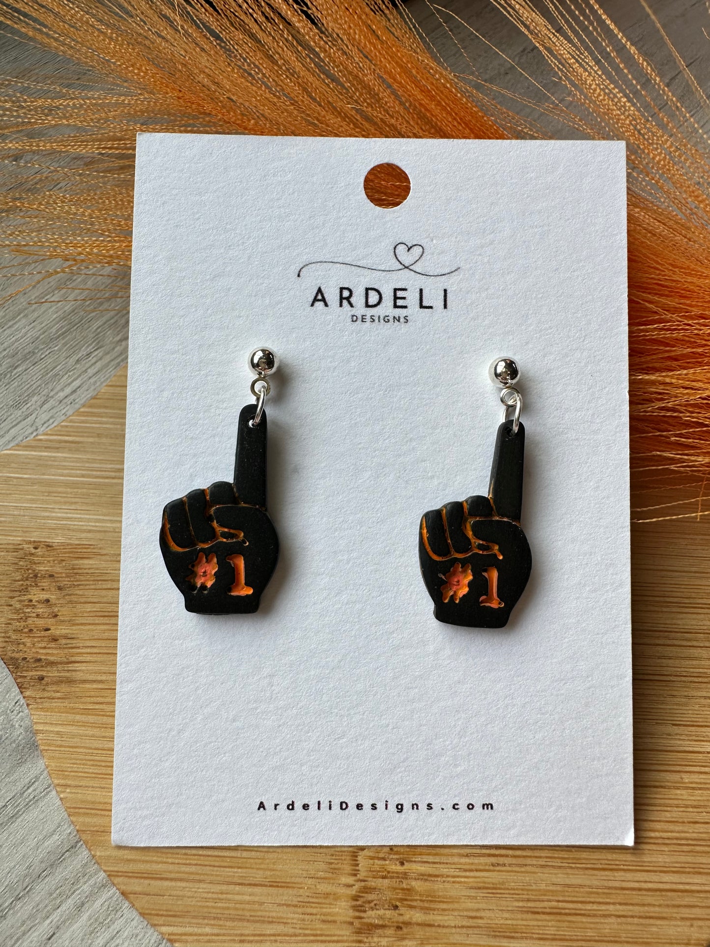 "Game Dey" Spirit Wear Bengals Inspired #1 Foam Finger SM Black Polymer Clay Post Dangle Earrings. ***restock coming soon***