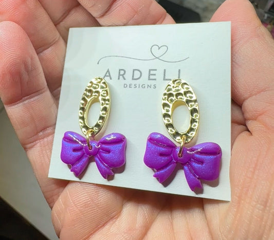 Handmade Polymer Clay Purple Pearl Bow Gold Plated Oval Donut Post Dangle Earrings