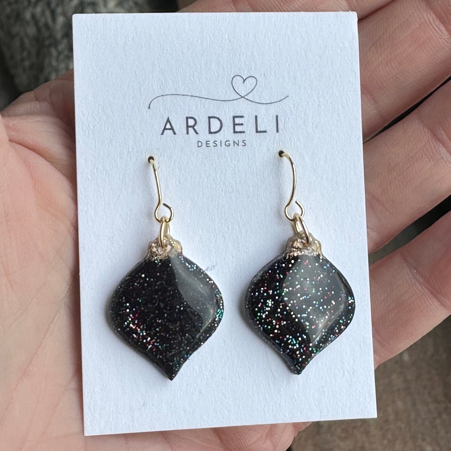 “Betty” Black Sparkle Ornament w/Gold Plated Hook Dangle Earrings