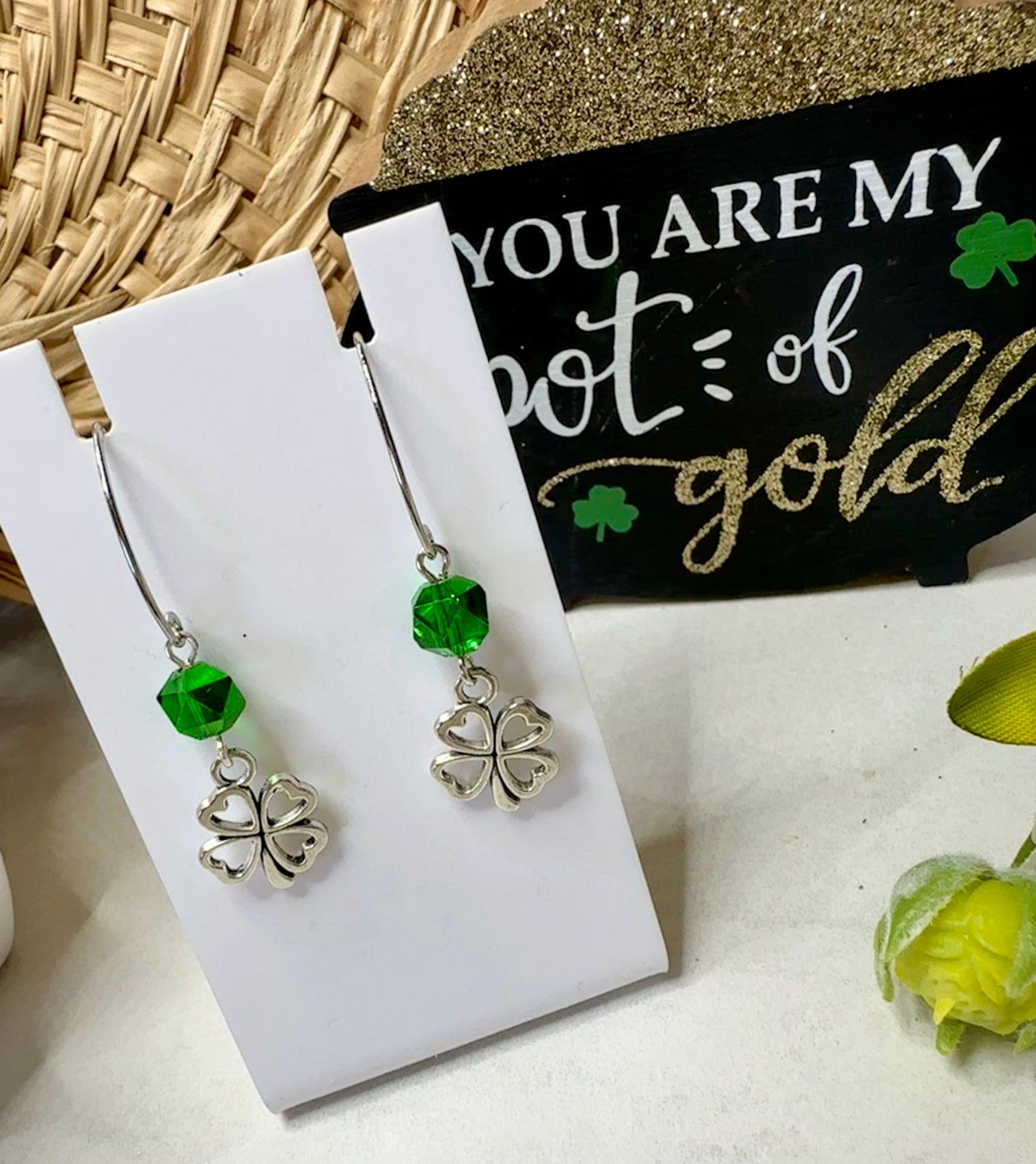 “Lucky Charms” SP4LC224 Silver Plated Marquise Hook Green Glass Beaded 4 Leaf Clover Earrings