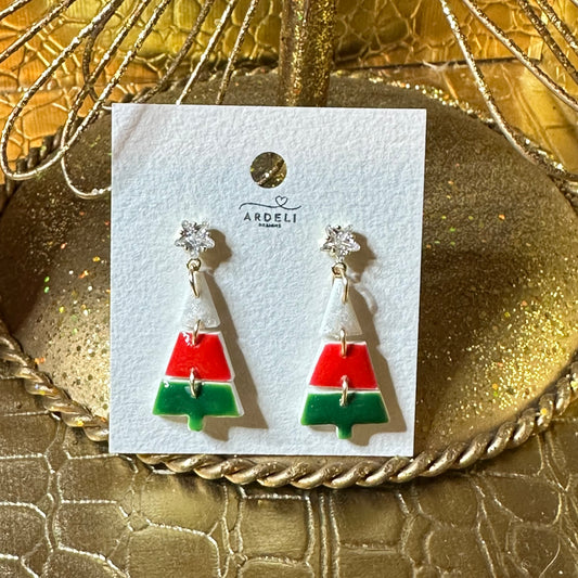 Handmade Polymer Clay Red, Green, White Christmas Tree Puzzle Dangle Earrings