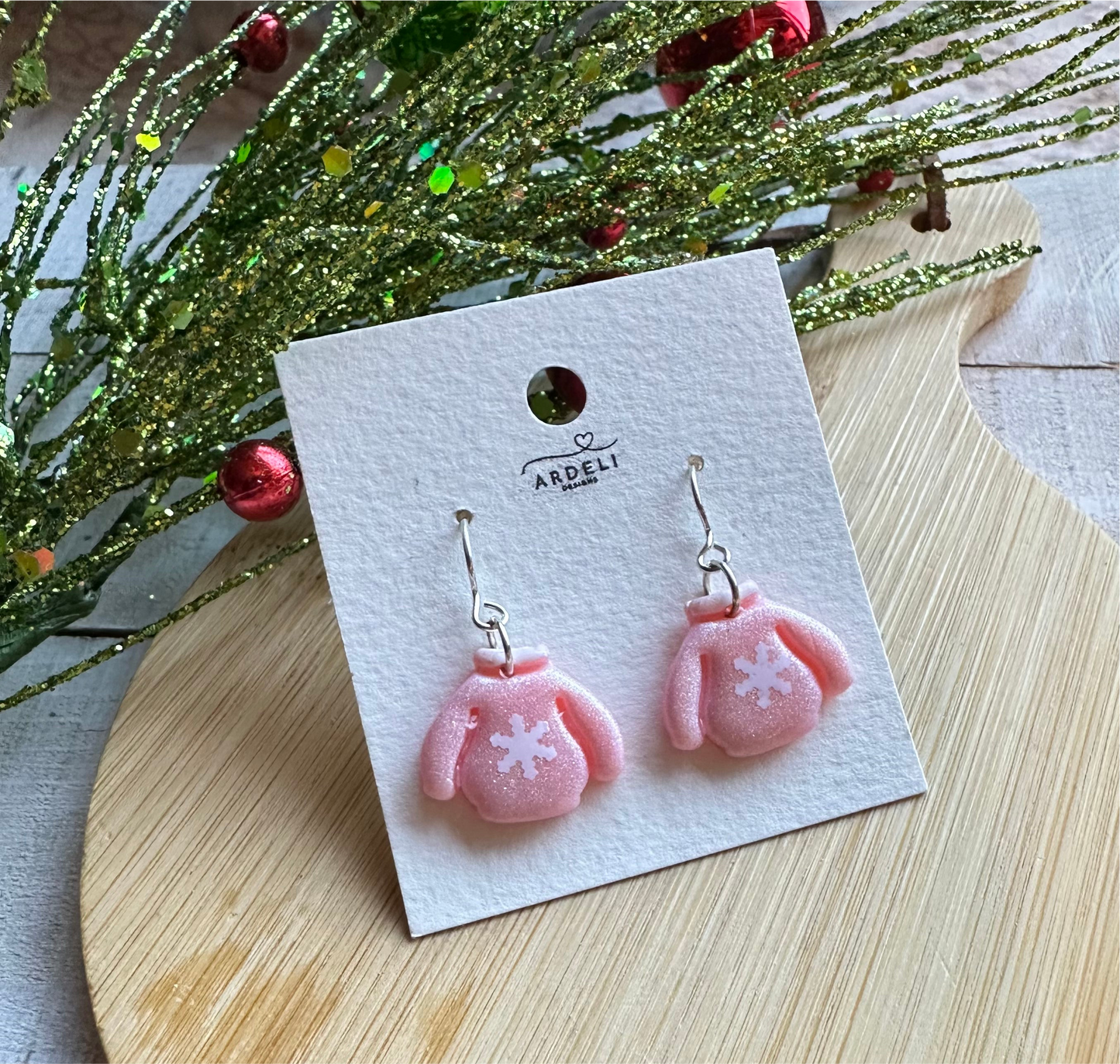 Handmade Polymer Clay Pink Ugly Sweater Silver Hook Dangle Earrings