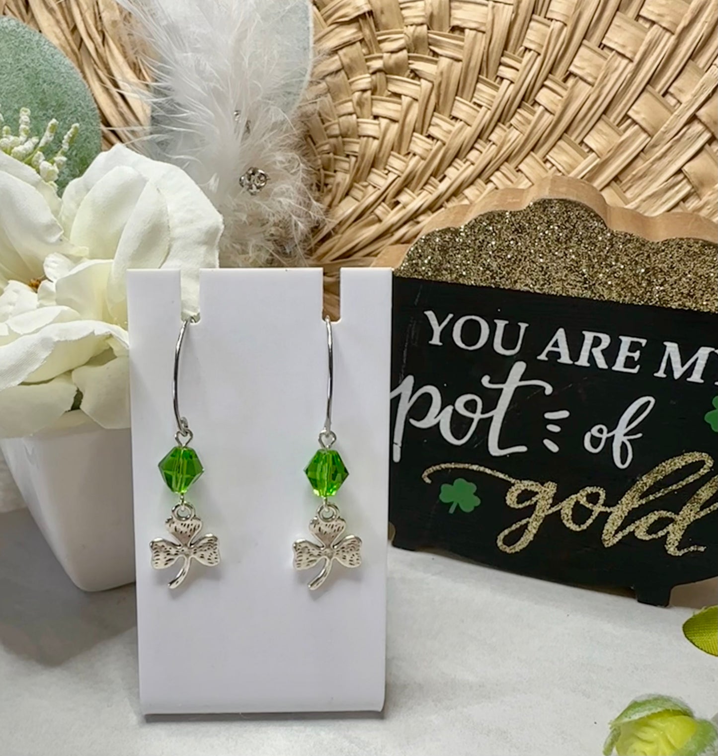 “Lucky Charms” SP3LC224 Silver Plated Marquise Hook Shamrock Green Bicone Crystal Silver 3 Leaf Clover Earrings