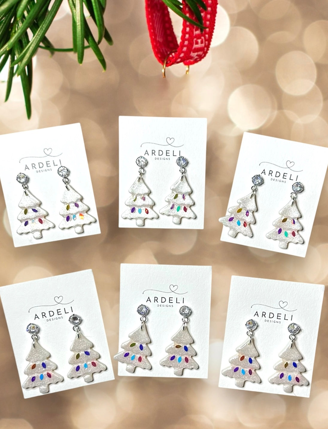 Handmade Polymer Clay Pearl Lights On Christmas Tree Silver Cubic Zircon Post Dangle Earrings