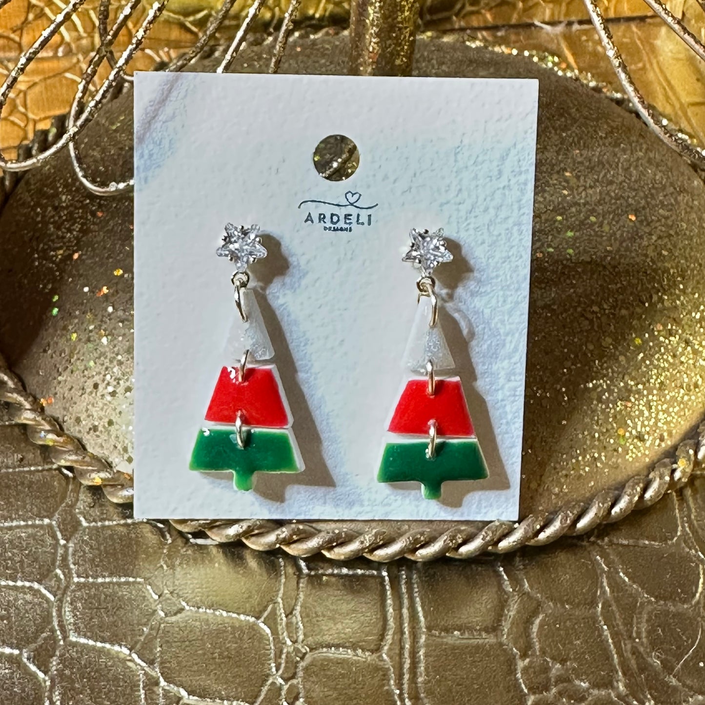 Handmade Polymer Clay Red, Green, White Christmas Tree Puzzle Dangle Earrings
