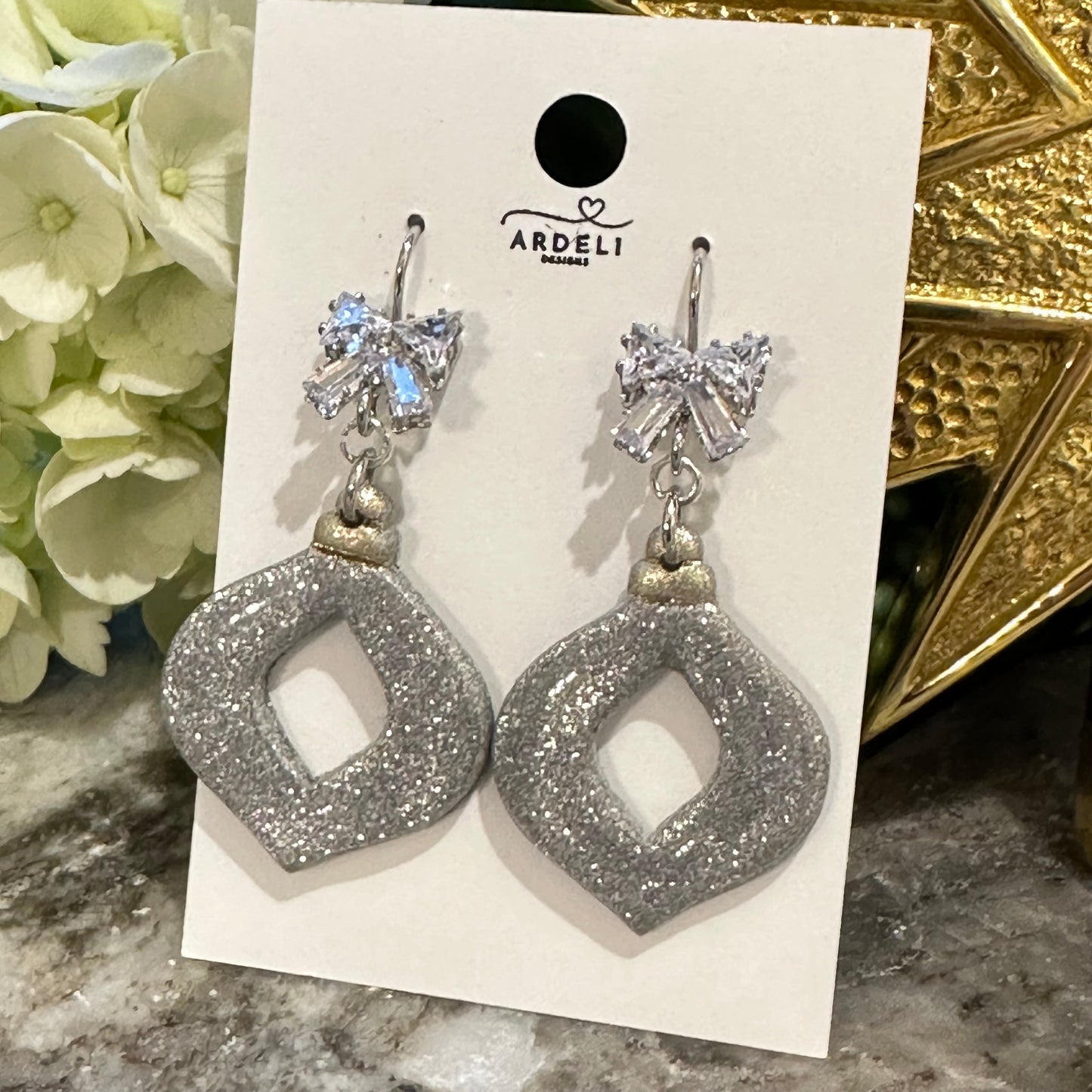 “Betty” Silver Polymer Clay Ornament w/Platinum CZ Bow Hook Dangle Earrings