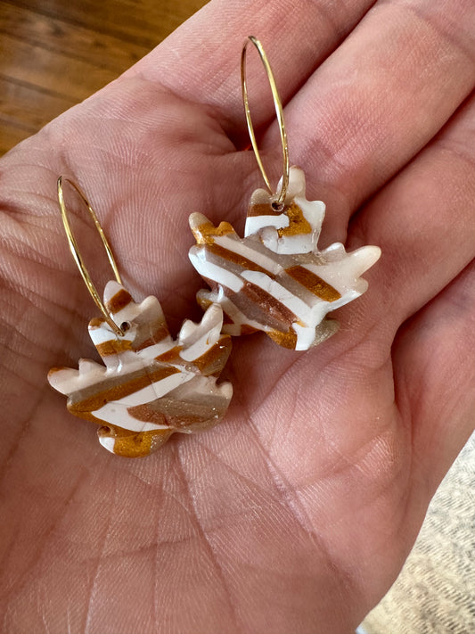 Marbled Maple Leaves Polymer Clay Gold Hook Dangle Earrings