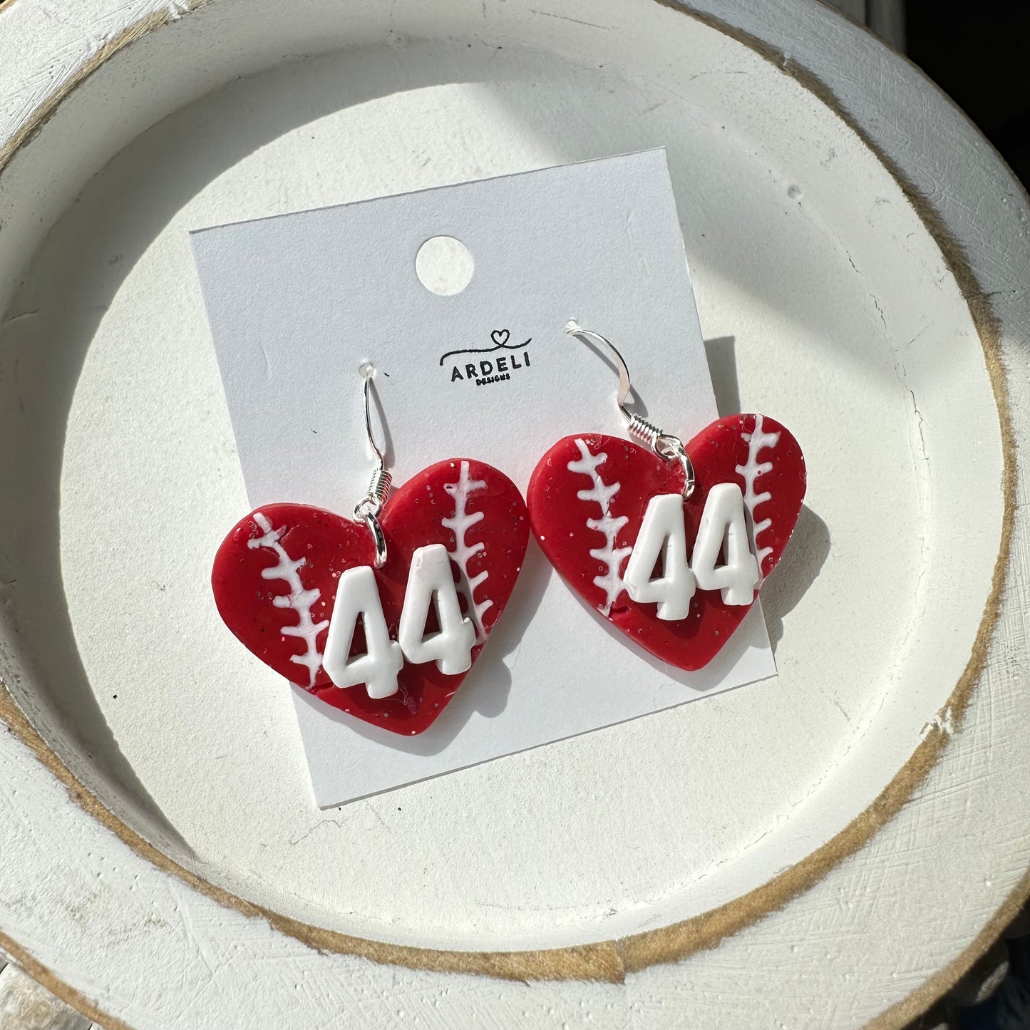 “Play Ball” Fan of 44 Red Heart Baseball Dangle Earrings