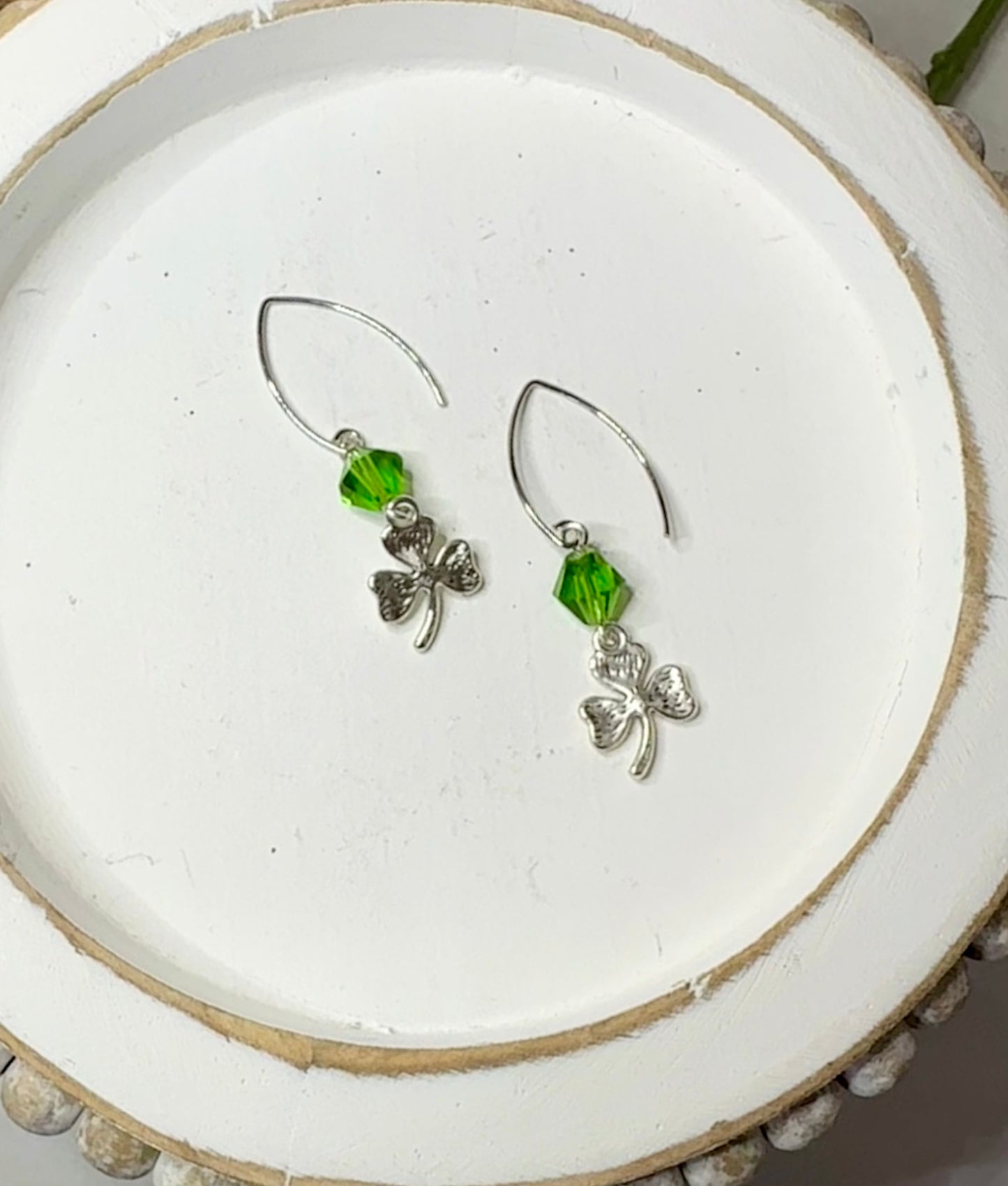 “Lucky Charms” SP3LC224 Silver Plated Marquise Hook Shamrock Green Bicone Crystal Silver 3 Leaf Clover Earrings