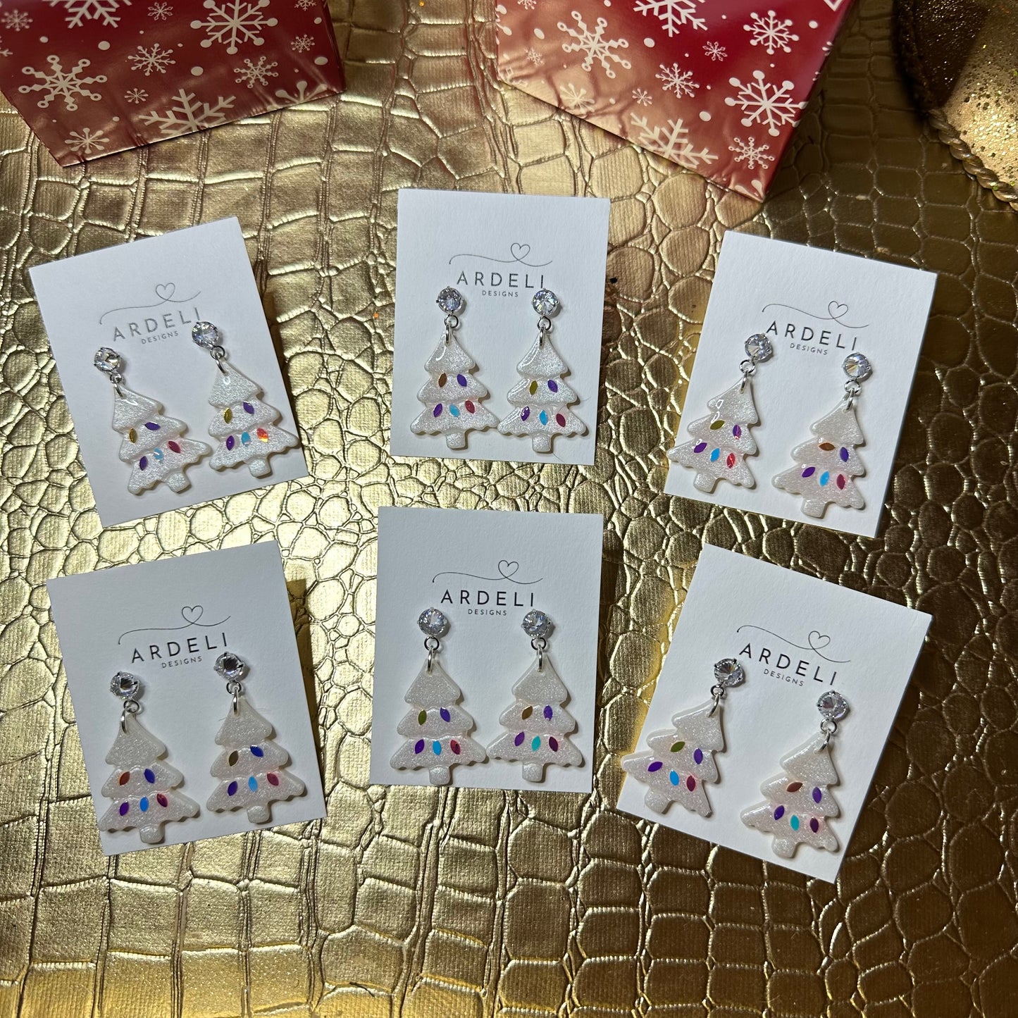 Handmade Polymer Clay Pearl Lights On Christmas Tree Silver Cubic Zircon Post Dangle Earrings