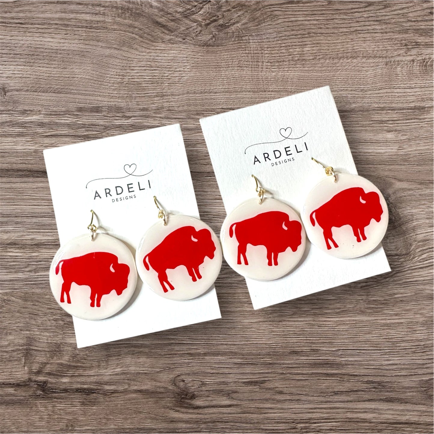 Handmade Polymer Clay Red Buffalo 1.4” Round Gold Hook Dangle Earrings