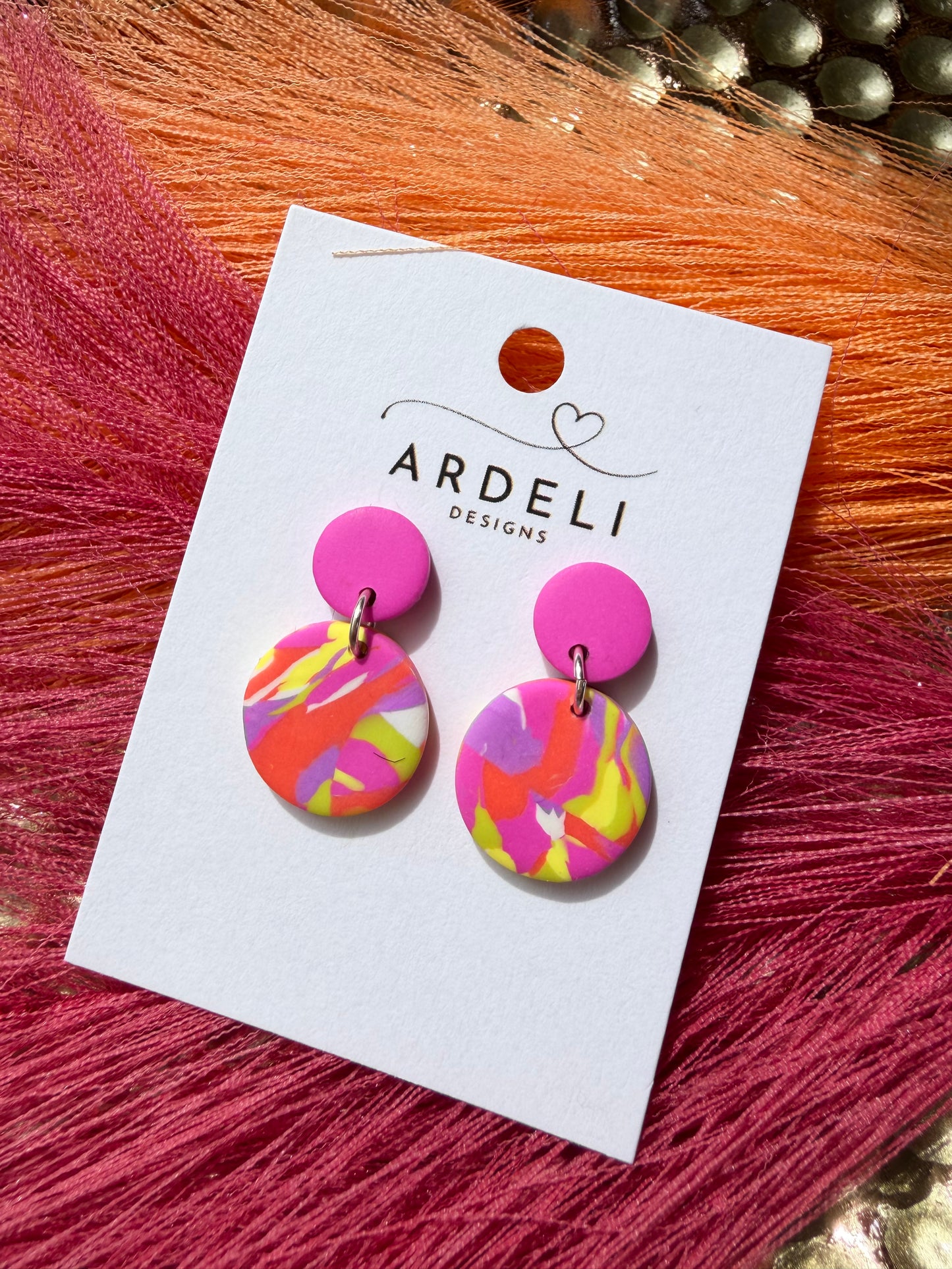 “Feeling Groovy” Multi Color Round w/Hot Pink Round Post Earrings
