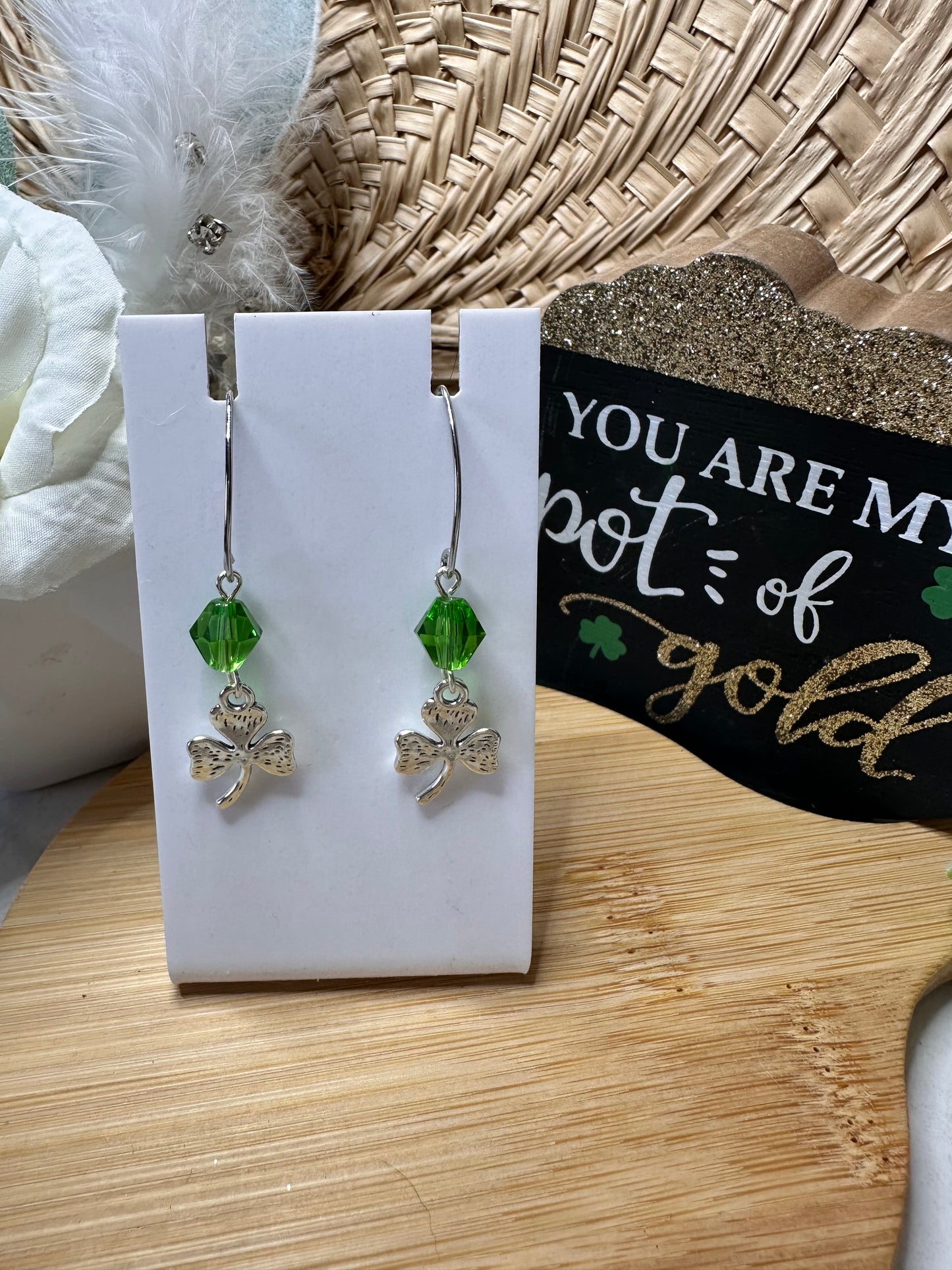“Lucky Charms” SP3LC224 Silver Plated Marquise Hook Shamrock Green Bicone Crystal Silver 3 Leaf Clover Earrings