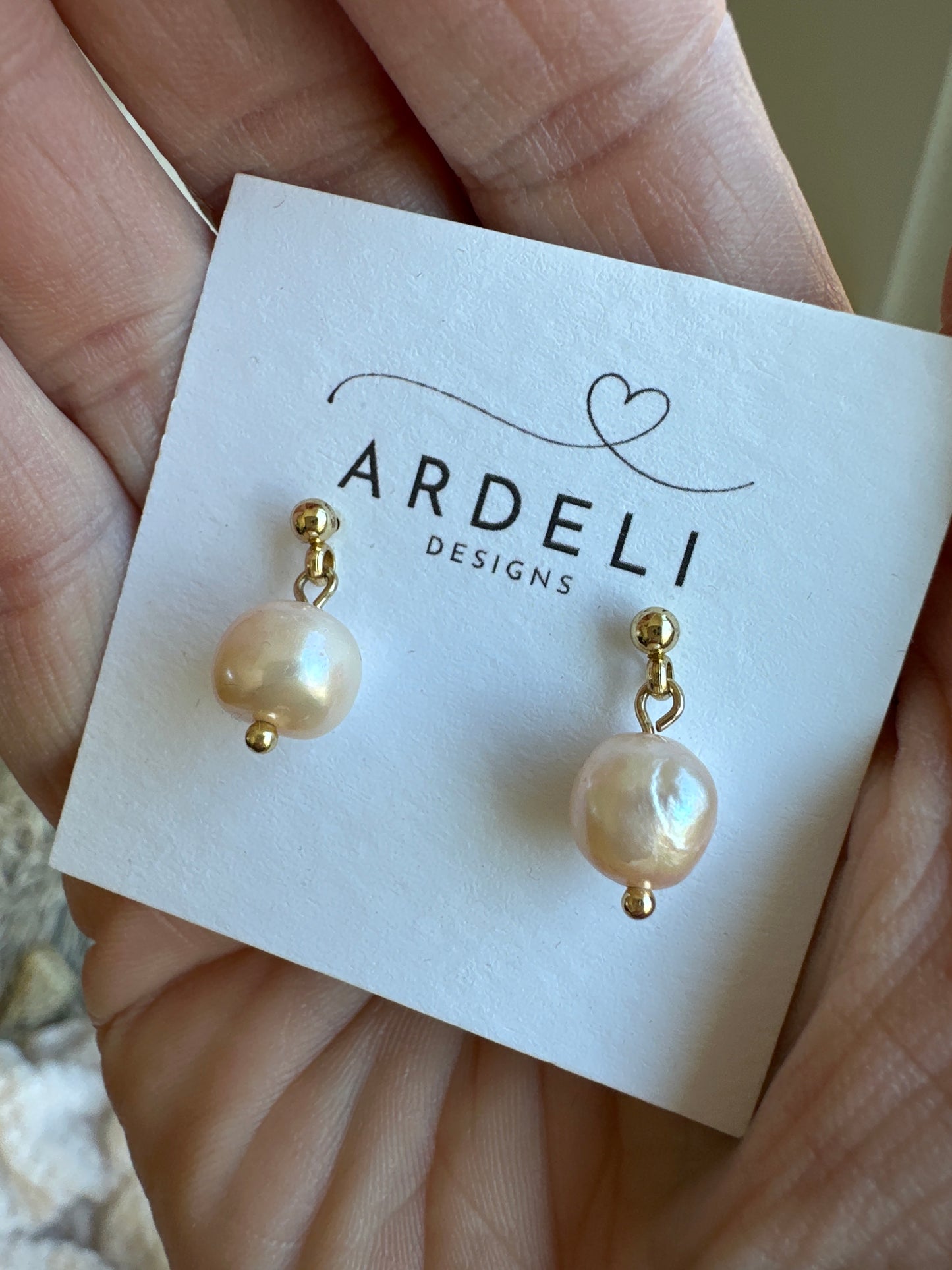 "Lorraine" 72 Lt Peach Potato Pearl Drop Gold Plated Ball Post Dangle Earrings