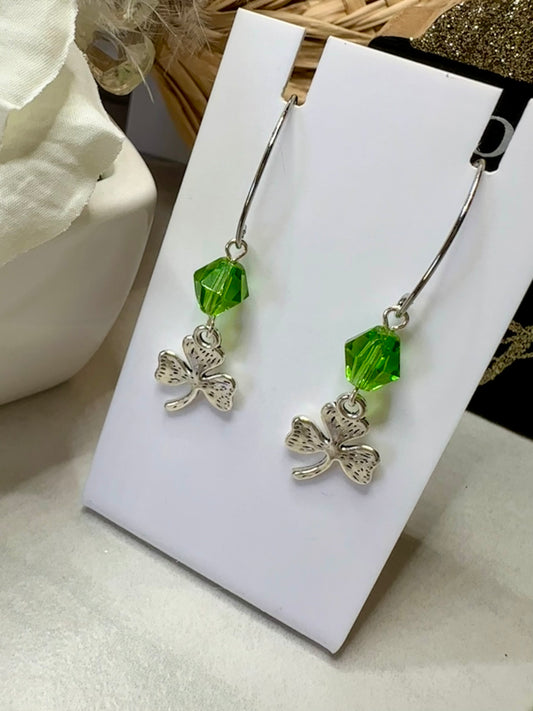 “Lucky Charms” SP3LC224 Silver Plated Marquise Hook Shamrock Green Bicone Crystal Silver 3 Leaf Clover Earrings