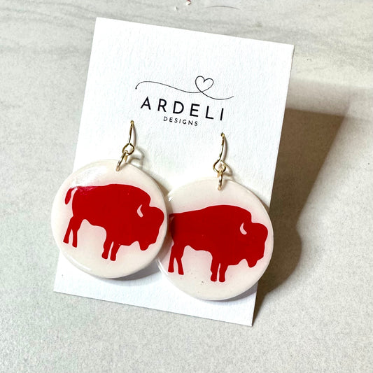 Handmade Polymer Clay Red Buffalo 1.4” Round Gold Hook Dangle Earrings