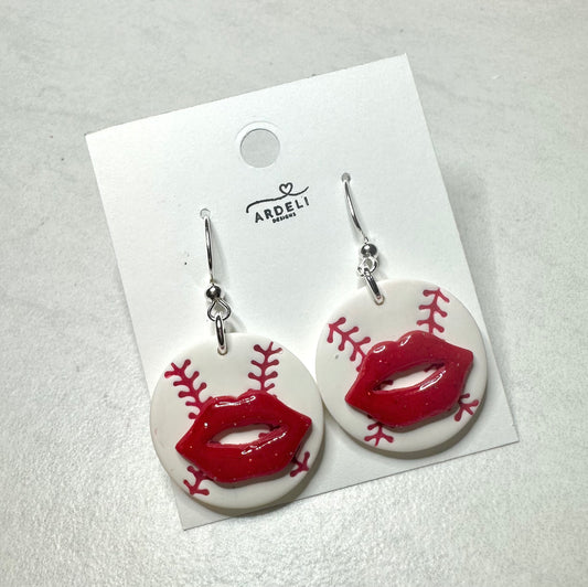 “Play Ball” Vintage Red Lips Baseball Dangle Earrings