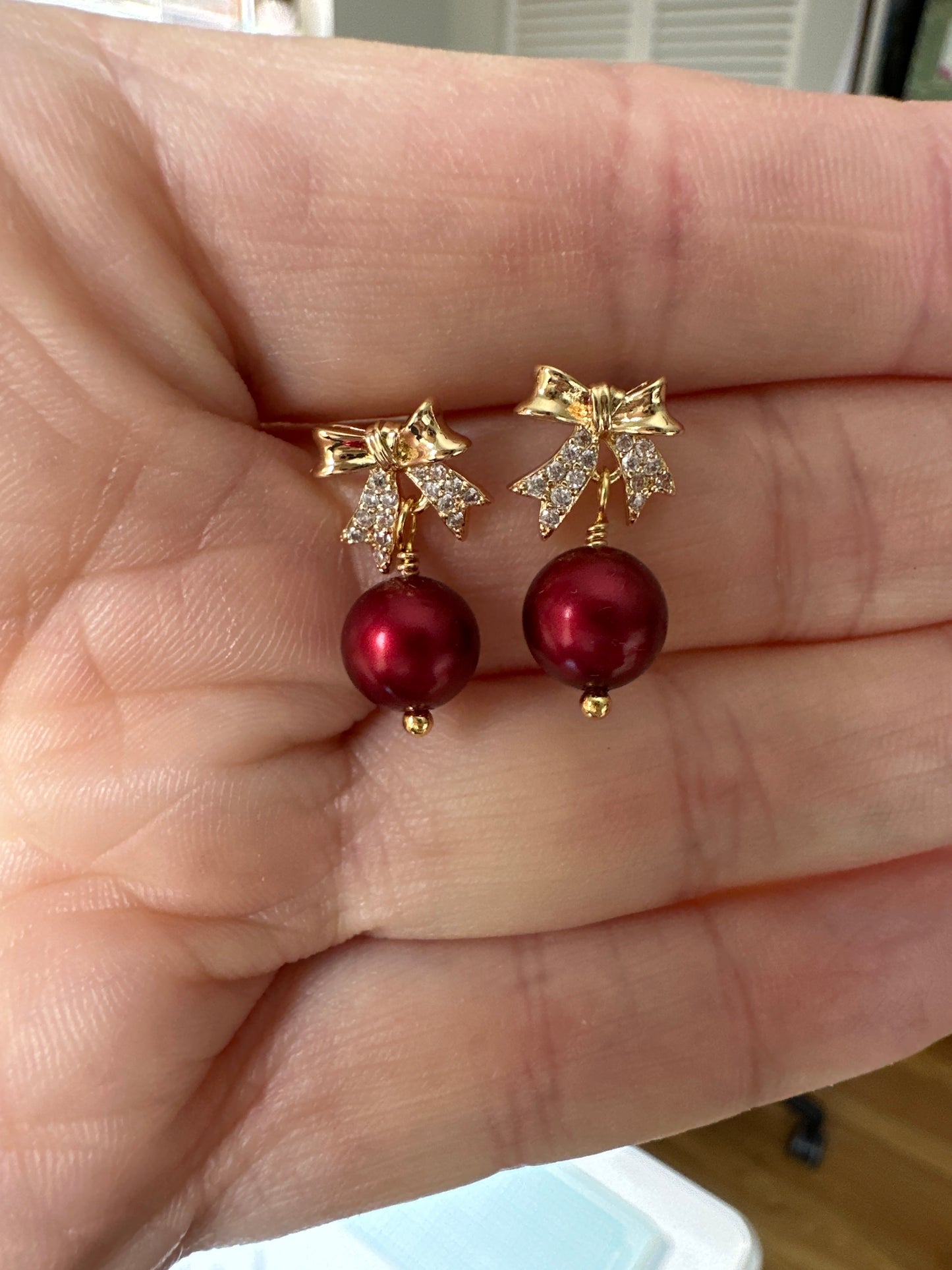 Holiday Cheer Gold Plated Bow Post with Red Pearl Dangle Earrings
