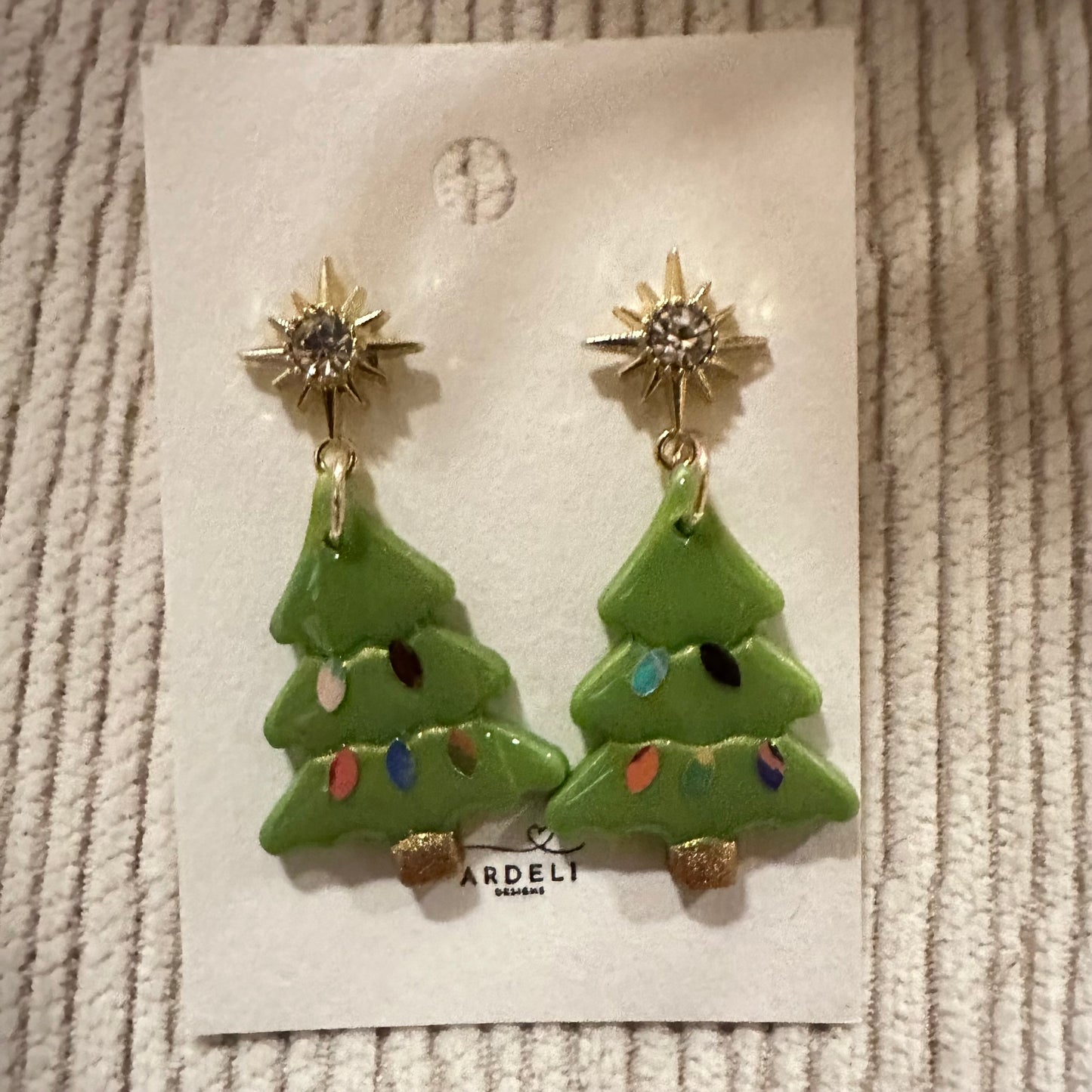 Handmade Polymer Clay Lights On Christmas Tree Gold Plated CZ Post Dangle Earrings