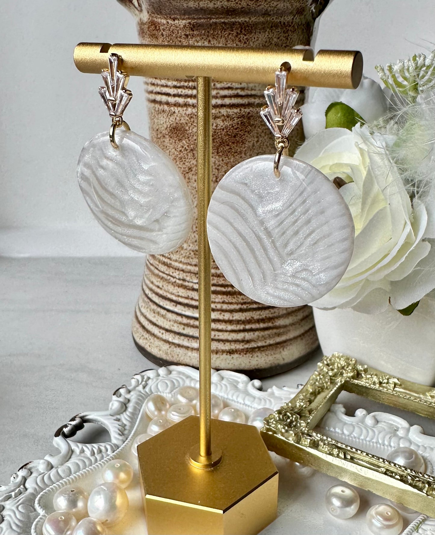 “Lily of the Valley” White Marble Polymer Clay Cubic Zirconia Gold Plated Post Earrings