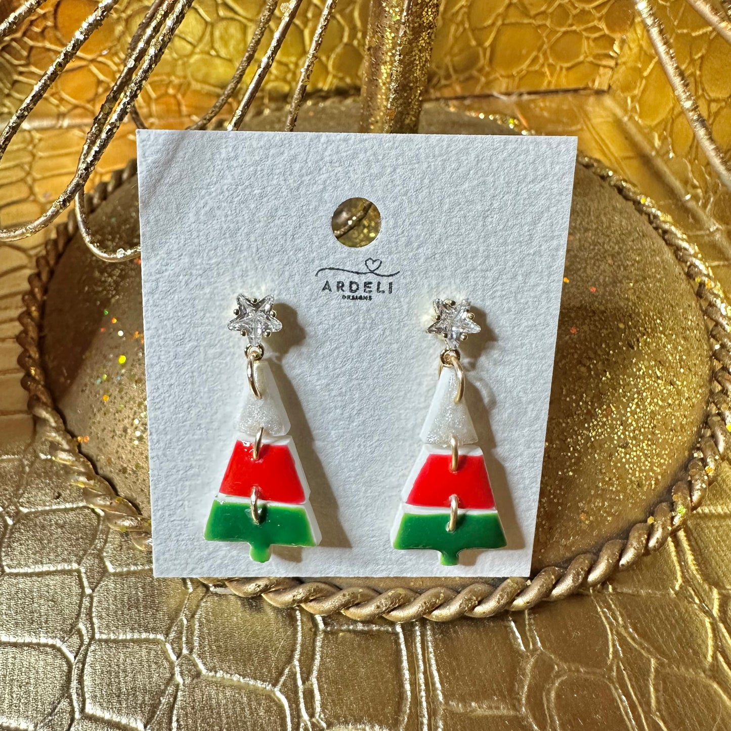 Handmade Polymer Clay Red, Green, White Christmas Tree Puzzle Dangle Earrings