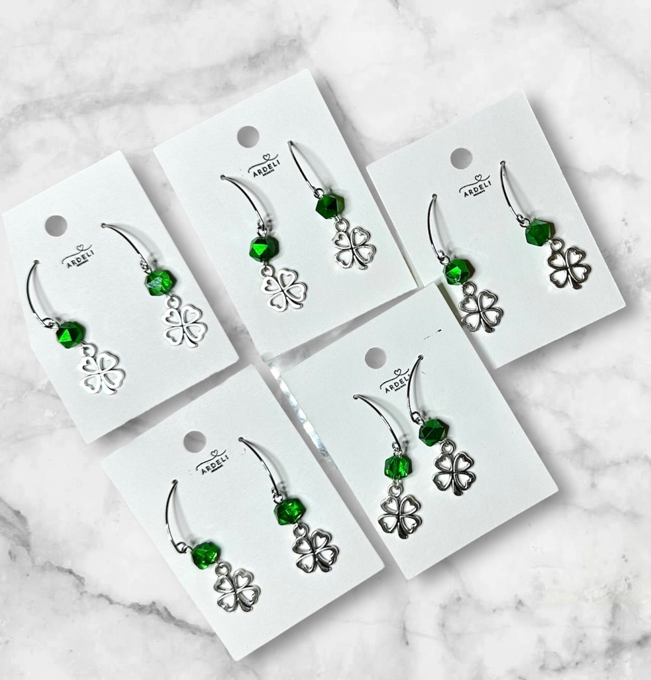 “Lucky Charms” SP4LC224 Silver Plated Marquise Hook Green Glass Beaded 4 Leaf Clover Earrings