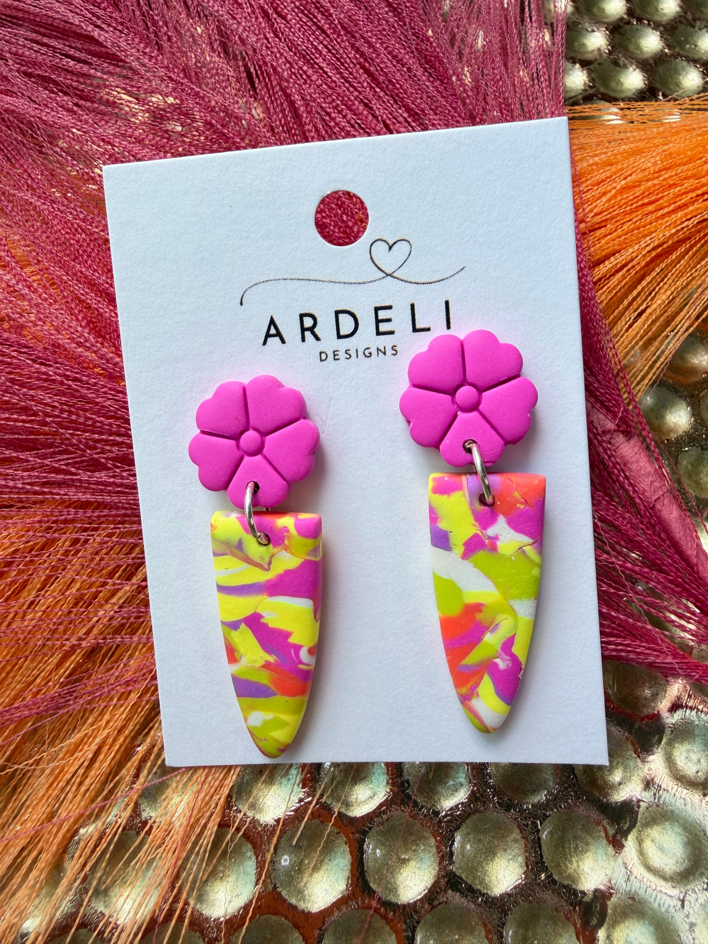 “Feeling Groovy” Flower Power 2 Post w/Multi Color Slim Dagger Dangle Earrings