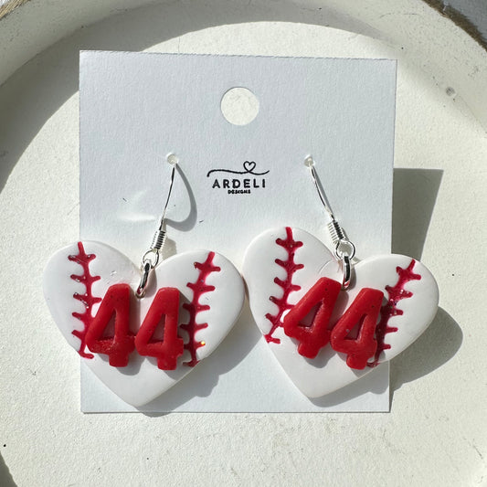 “Play Ball” Fan of 44 White Heart Baseball Dangle Earrings