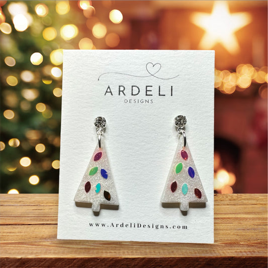 Handmade Polymer Clay Pearl Small Lights On Christmas Tree Rhinestone Silver Post Dangle Earrings
