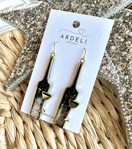 Black & Gold Bottles of Bubbly Polymer Clay Gold Dangle Earrings