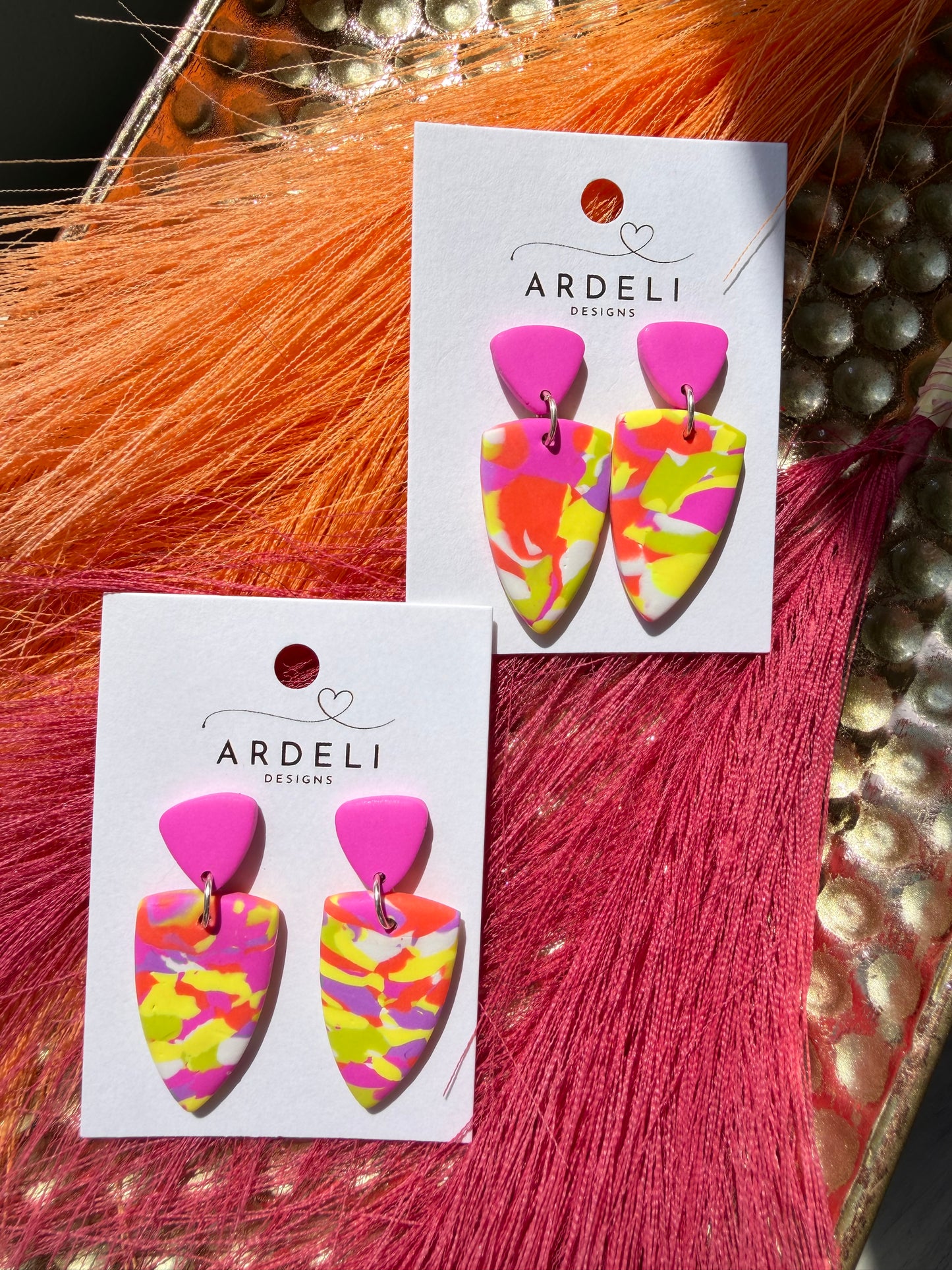 “Feeling Groovy” Multi Color Dagger w/Hot Pink Triangle Post Earrings