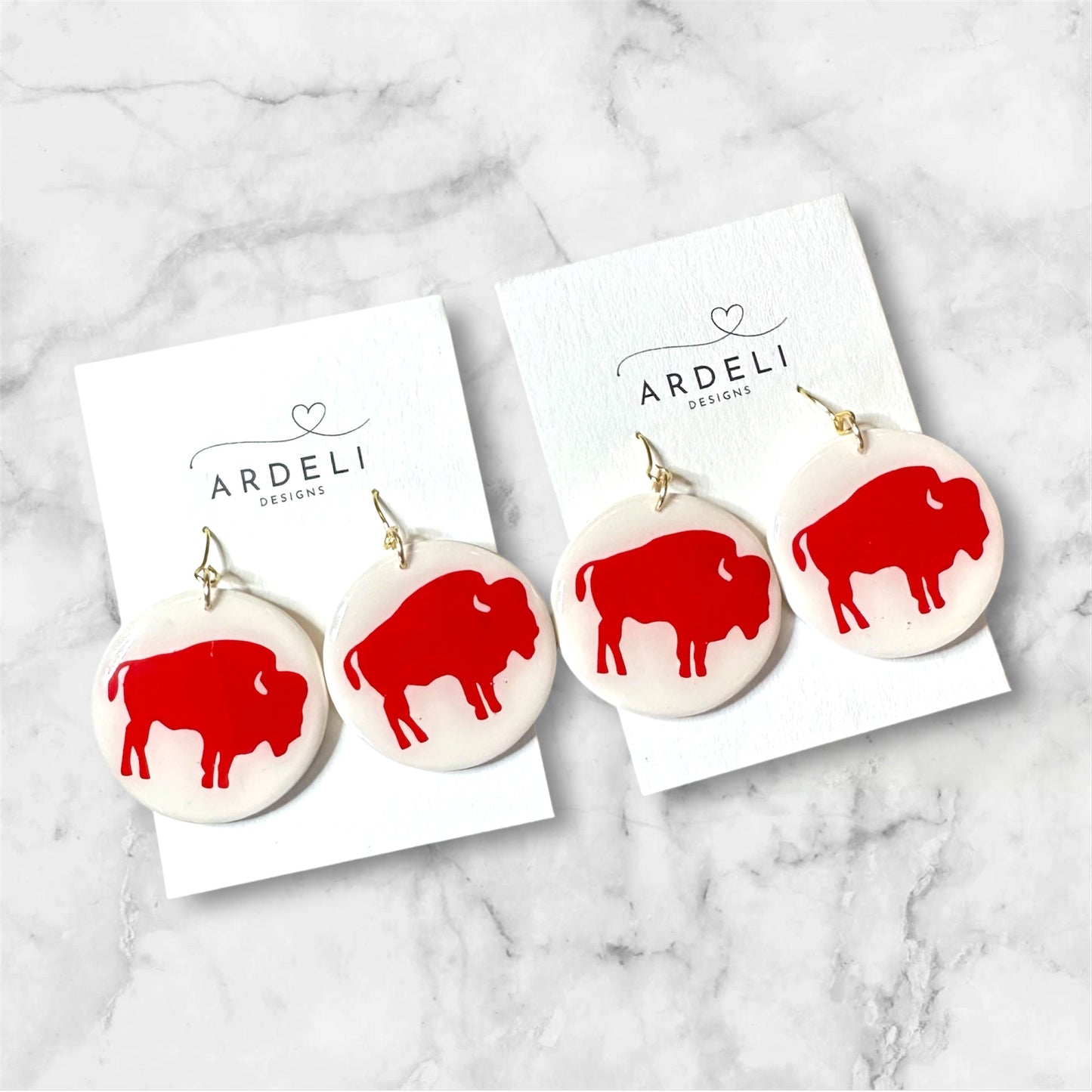 Handmade Polymer Clay Red Buffalo 1.4” Round Gold Hook Dangle Earrings