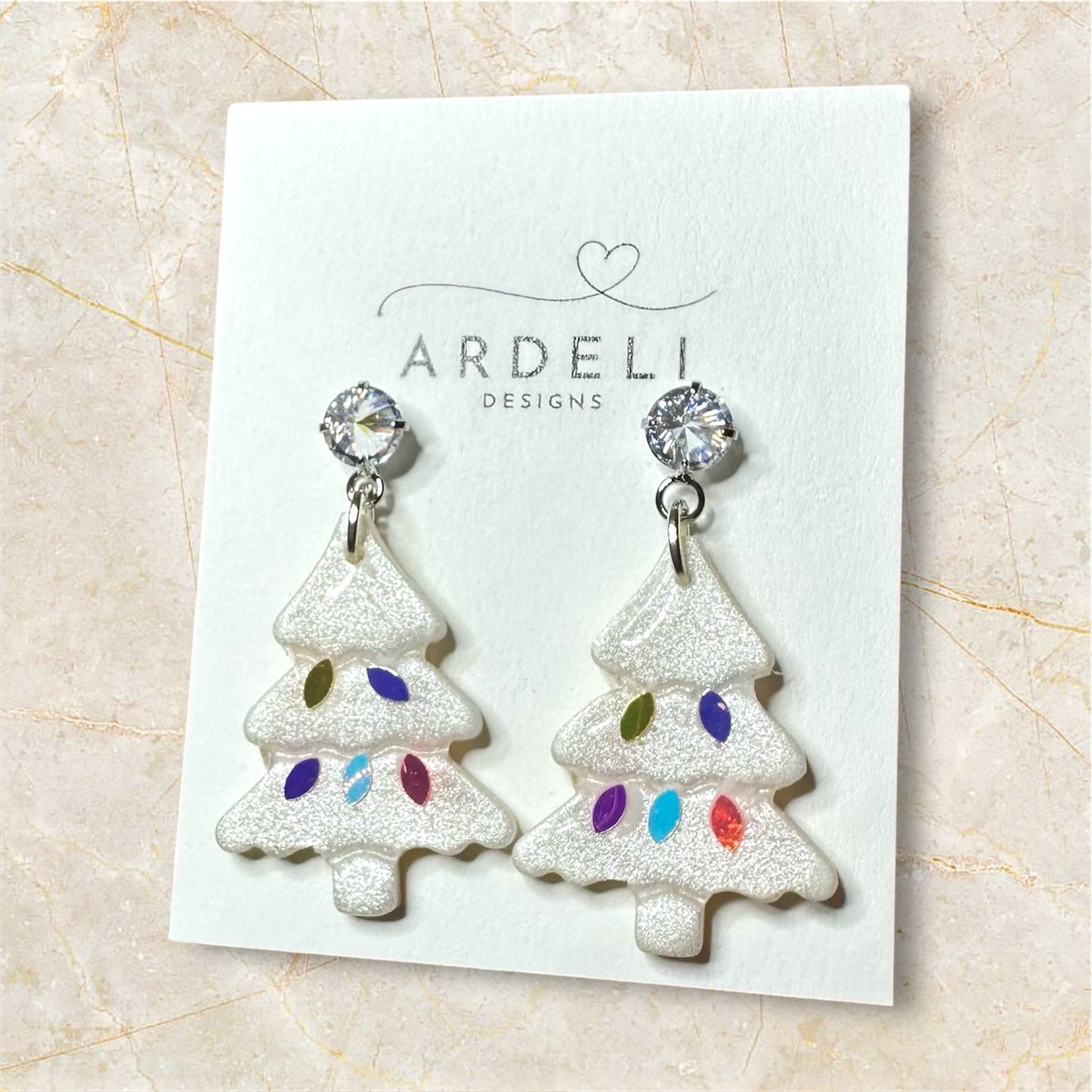 Handmade Polymer Clay Pearl Lights On Christmas Tree Silver Cubic Zircon Post Dangle Earrings