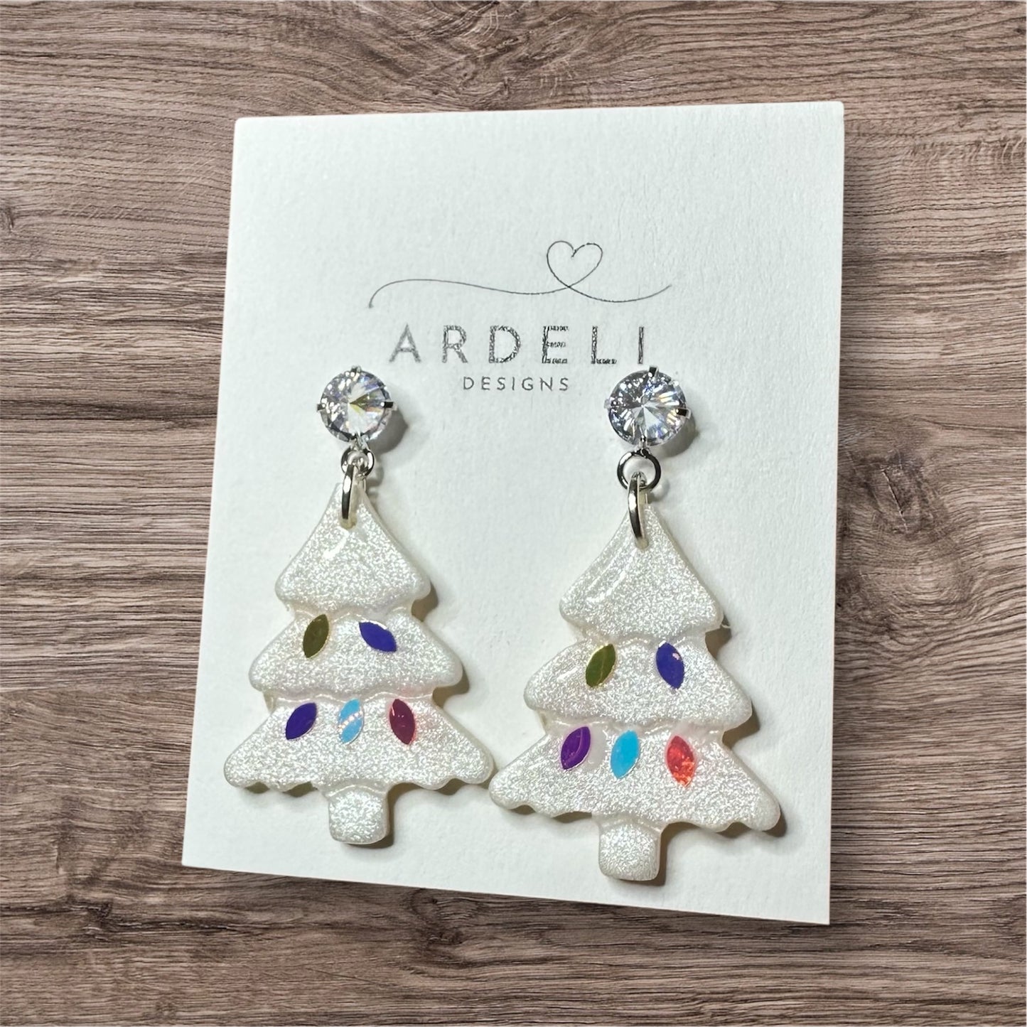 Handmade Polymer Clay Pearl Lights On Christmas Tree Silver Cubic Zircon Post Dangle Earrings