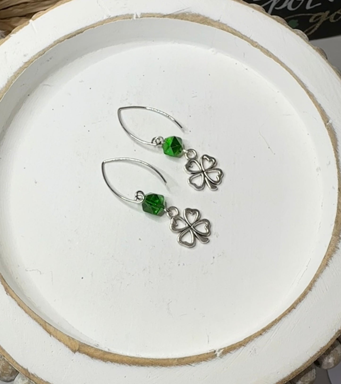 “Lucky Charms” SP4LC224 Silver Plated Marquise Hook Green Glass Beaded 4 Leaf Clover Earrings