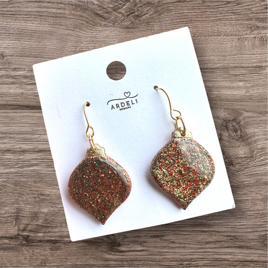 “Betty” Gold, Red, Green Glitter Ornament w/Gold Played Hook Dangle Earrings