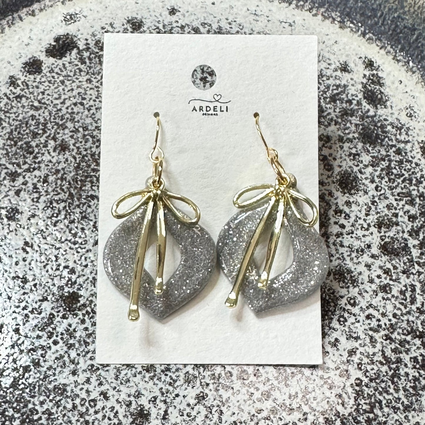 “Betty” Silver and Gold Sparkle Ornament w/Gold Hook and Gold Bow Charm Dangle Earrings