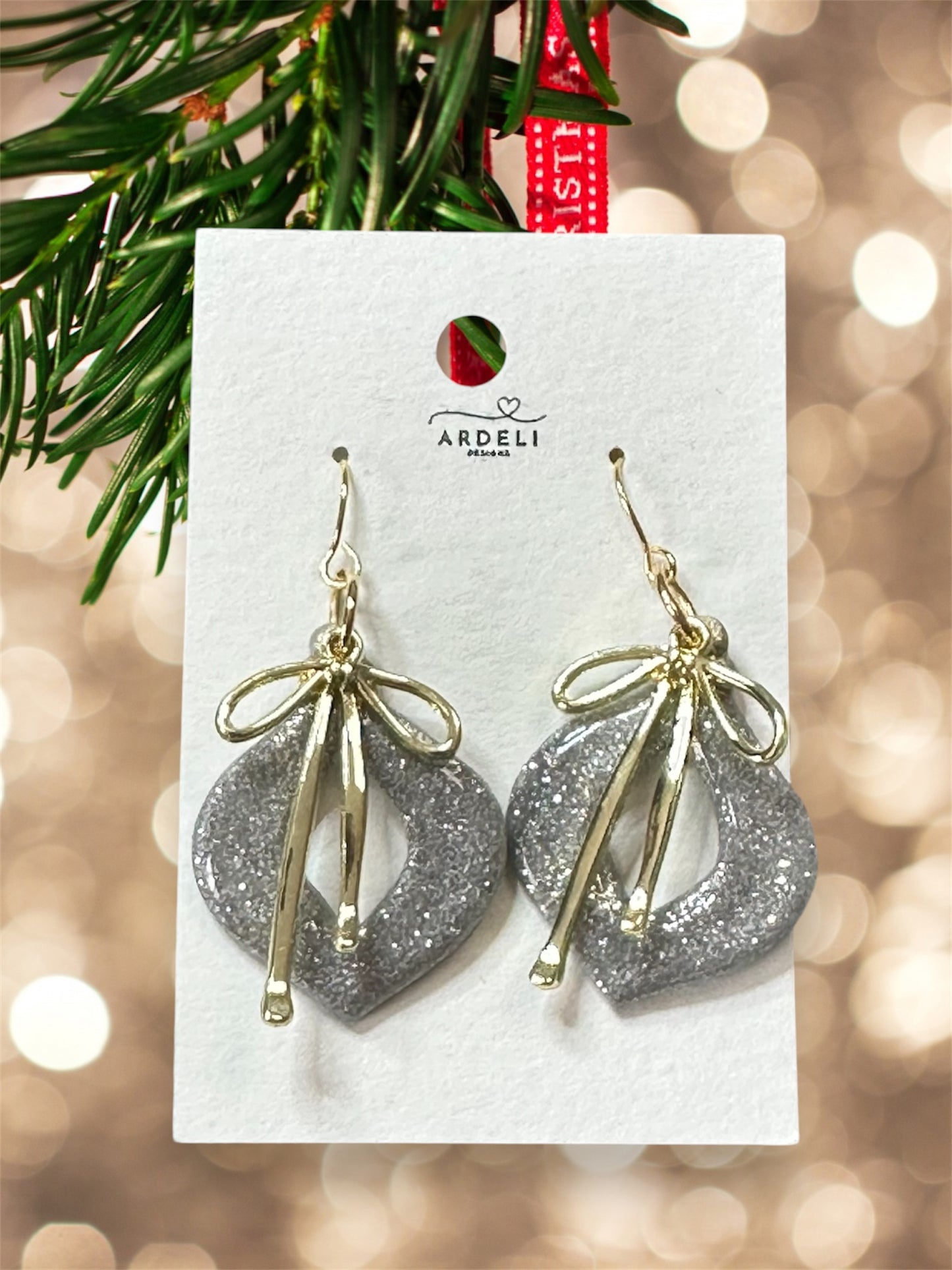 “Betty” Silver and Gold Sparkle Ornament w/Gold Hook and Gold Bow Charm Dangle Earrings