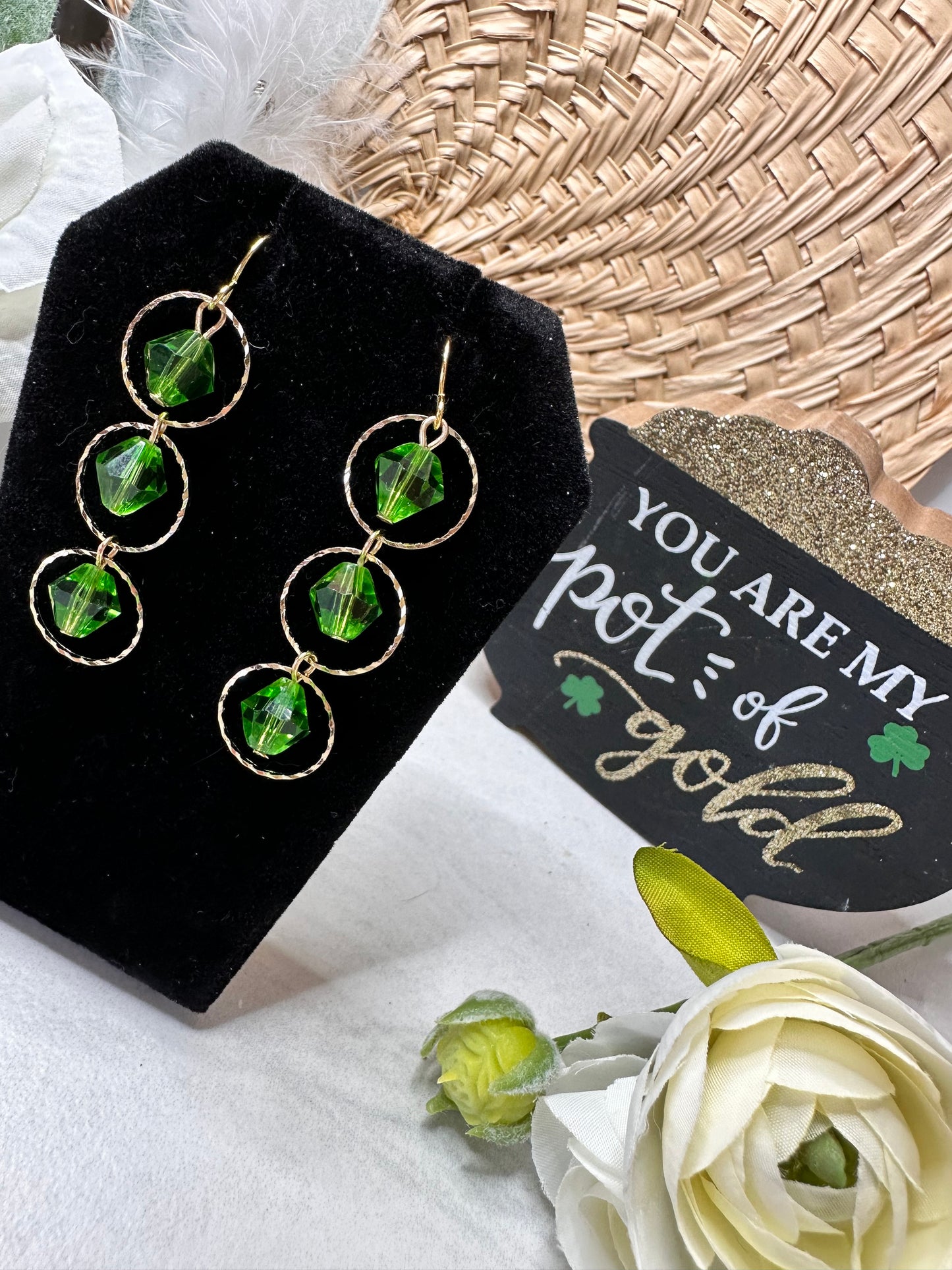 “Beaded Love” GP3R224 Gold Plated Hook Shamrock Green Bicone Beaded Earrings