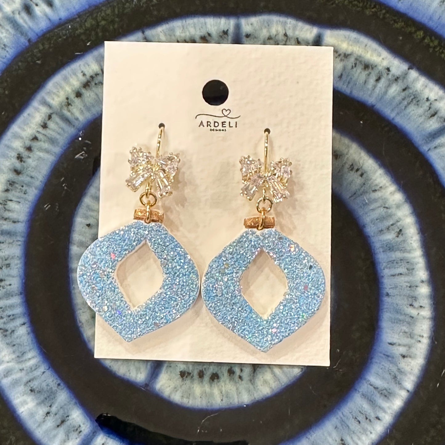 “Betty” Blue Sparkle Polymer Clay 18K Gold Plated CZ Hook Dangle Earrings