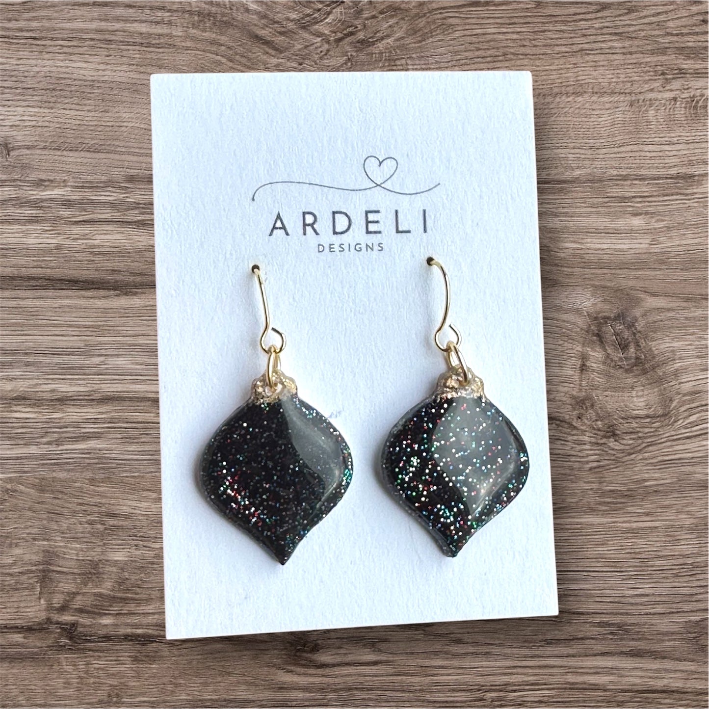 “Betty” Black Sparkle Ornament w/Gold Plated Hook Dangle Earrings