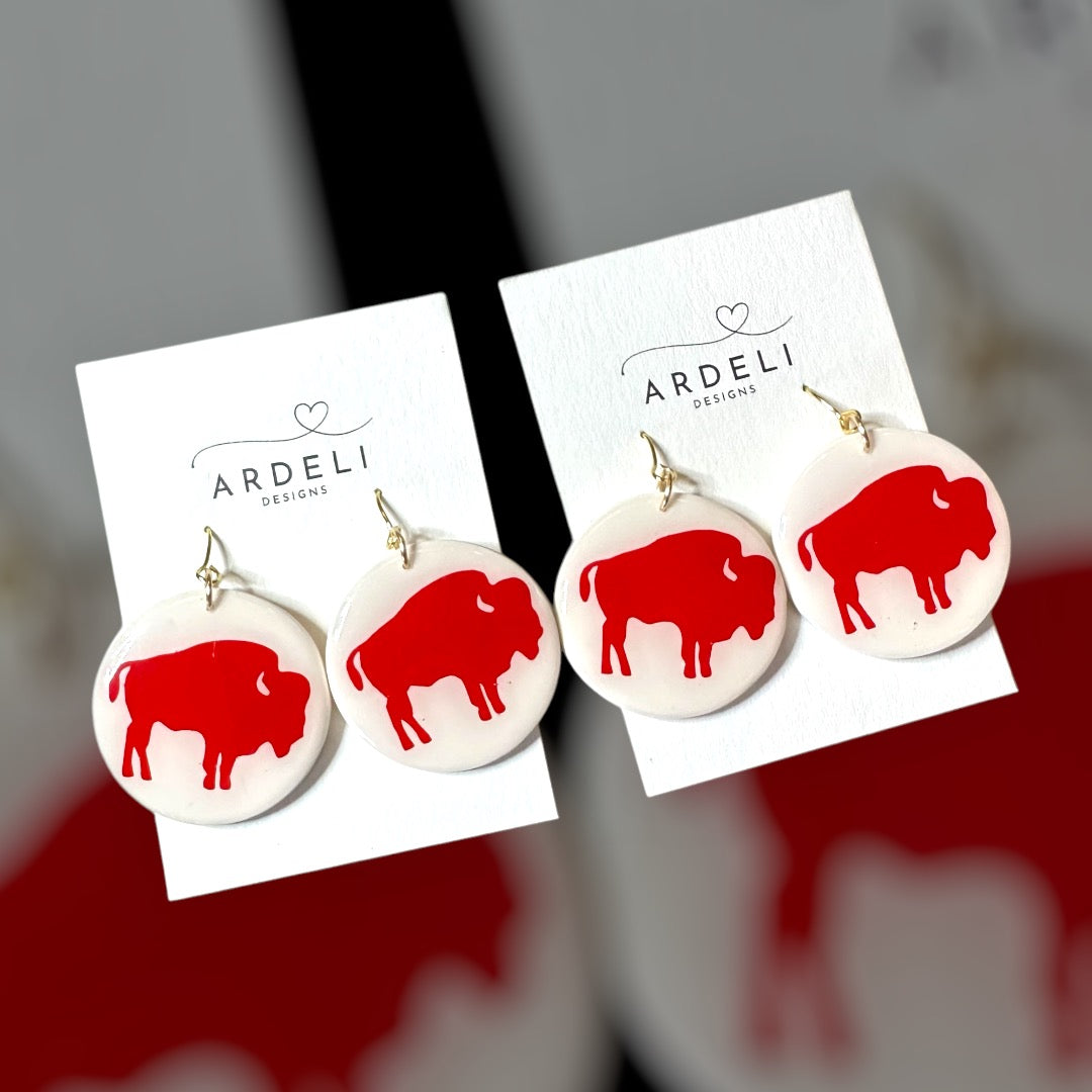 Handmade Polymer Clay Red Buffalo 1.4” Round Gold Hook Dangle Earrings